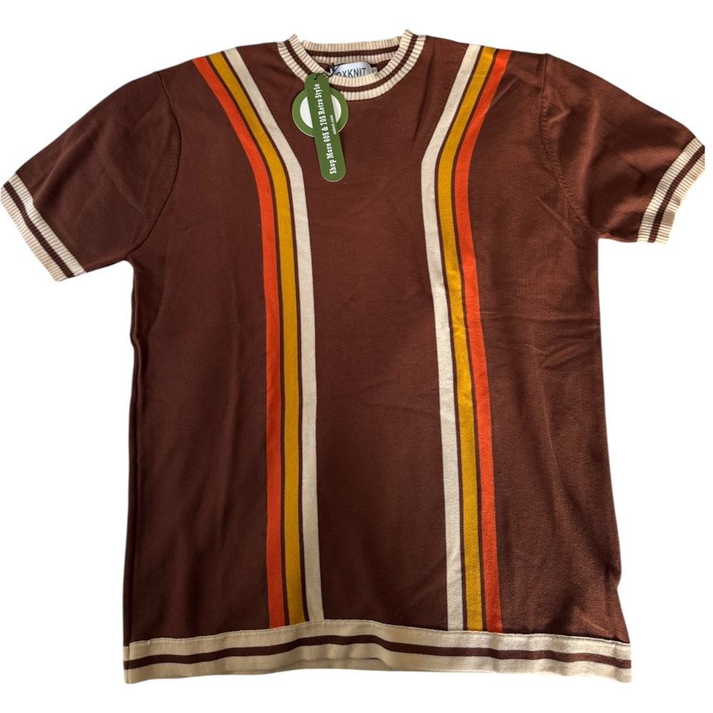 Mens NWT! 100% Cotton knit t-shirt Brown retro style 70s striped